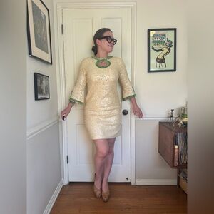 70s Vintage Imperial Beaded Sequin Knit Wiggle Dress w Keyhole Cutout Sz Lrg